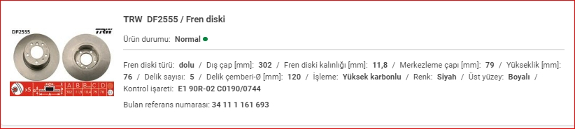 BMW E34 ÖN FREN DİSKİ DOLU TAKIM 1986-1997 302MM 34116756092 34111161693