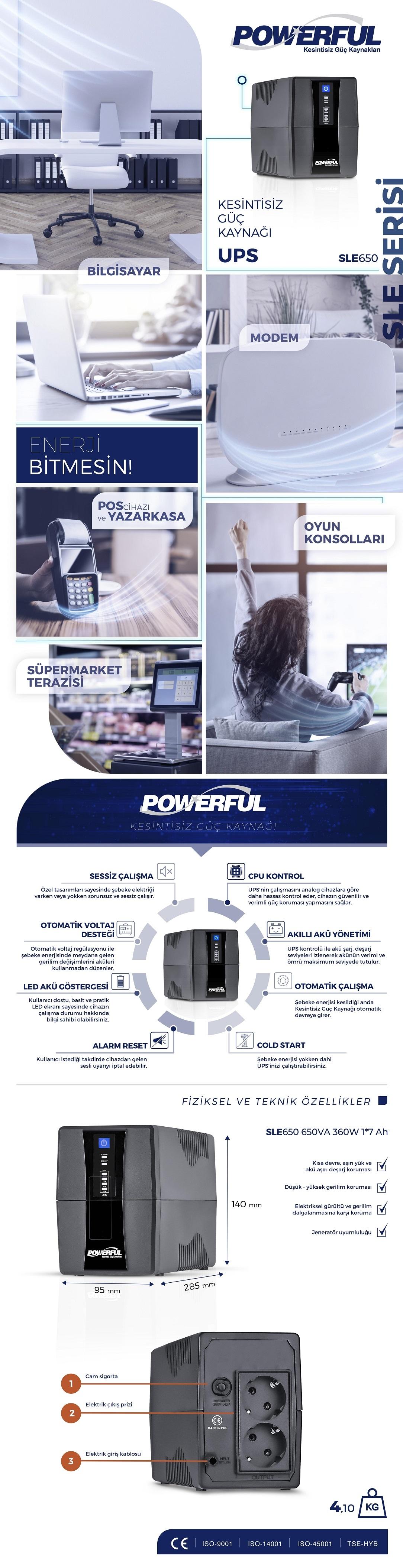 POWERFUL SLE-650 650VA LİNE INTRERACTİVE UPS KESİNTİSİZ GÜÇ KAYNAĞI